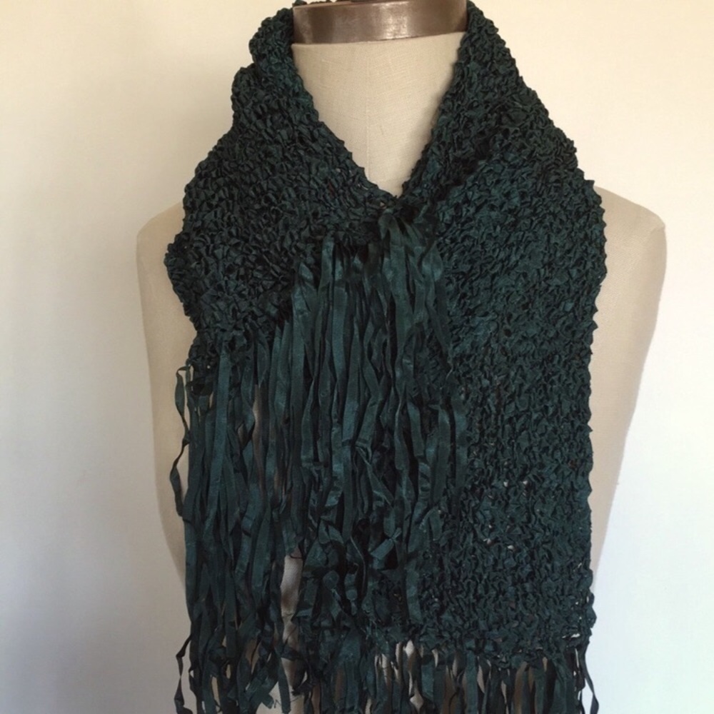 Thin green knit ribbon scarf with fringe, more than 8 ft long